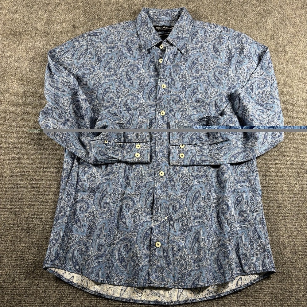 Nick Graham Button Up Shirt Mens 15.5 32-33 Blue Paisley Stretch Modern Fit LS